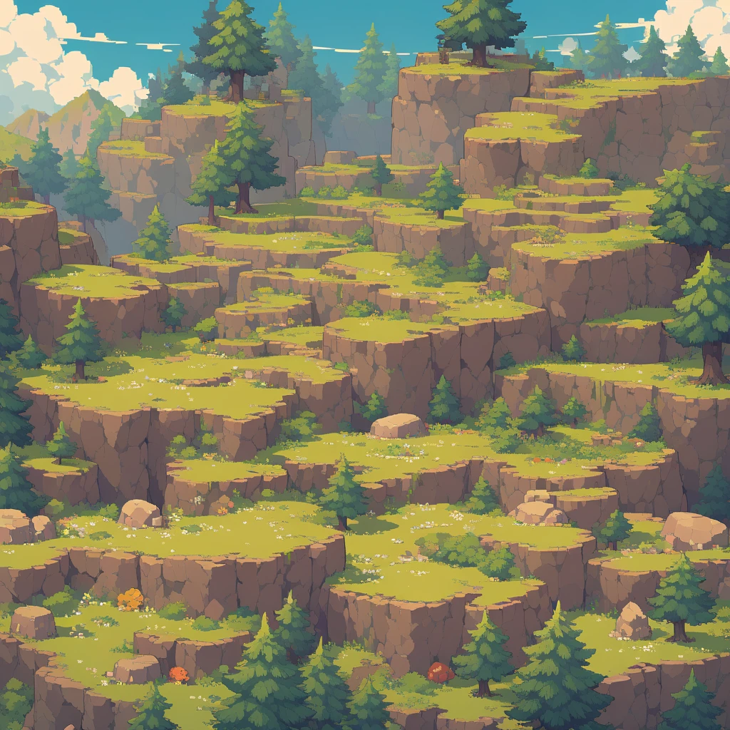 retro video game style,pixelated, vibrant pastel colors,8-bit characters,blocky shapes,sharp lines,detailed shading,classic gaming vibe,nostalgic atmosphere,classic arcade games,masterpiece:1.2,ultra-detailed,illustration style, 2d texture, stone texture, 4 k seamless mud texture, video game texture, dirt texture, tileset, game tiles, grass, 3/4th perspective trees, 3/4th perspective tileable rock texture, 3/4th perspective tileable cliff formations, tileable trees, topdown view, game texture, game art, tileable texture, very detailed cliff texture, intricate stones, top down view, 3/4th perspective