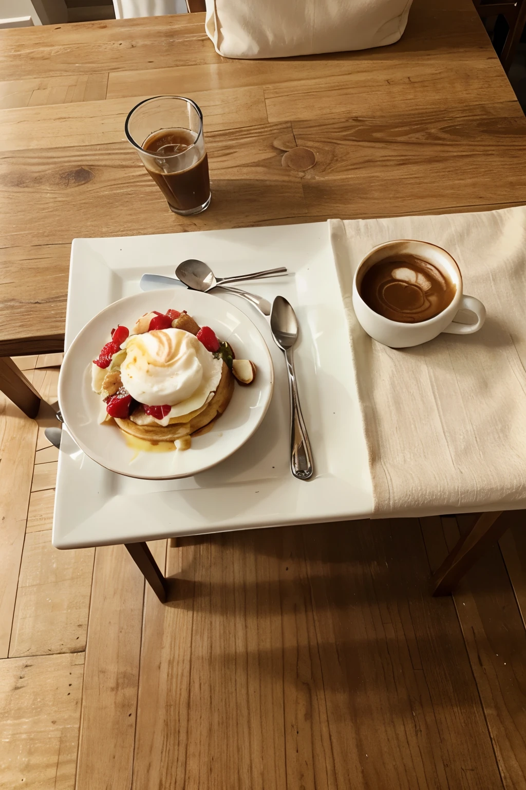a breakfast with a cappuccino and a dessert on the table in which it is captured from above that only the table with the food can be seen in real format