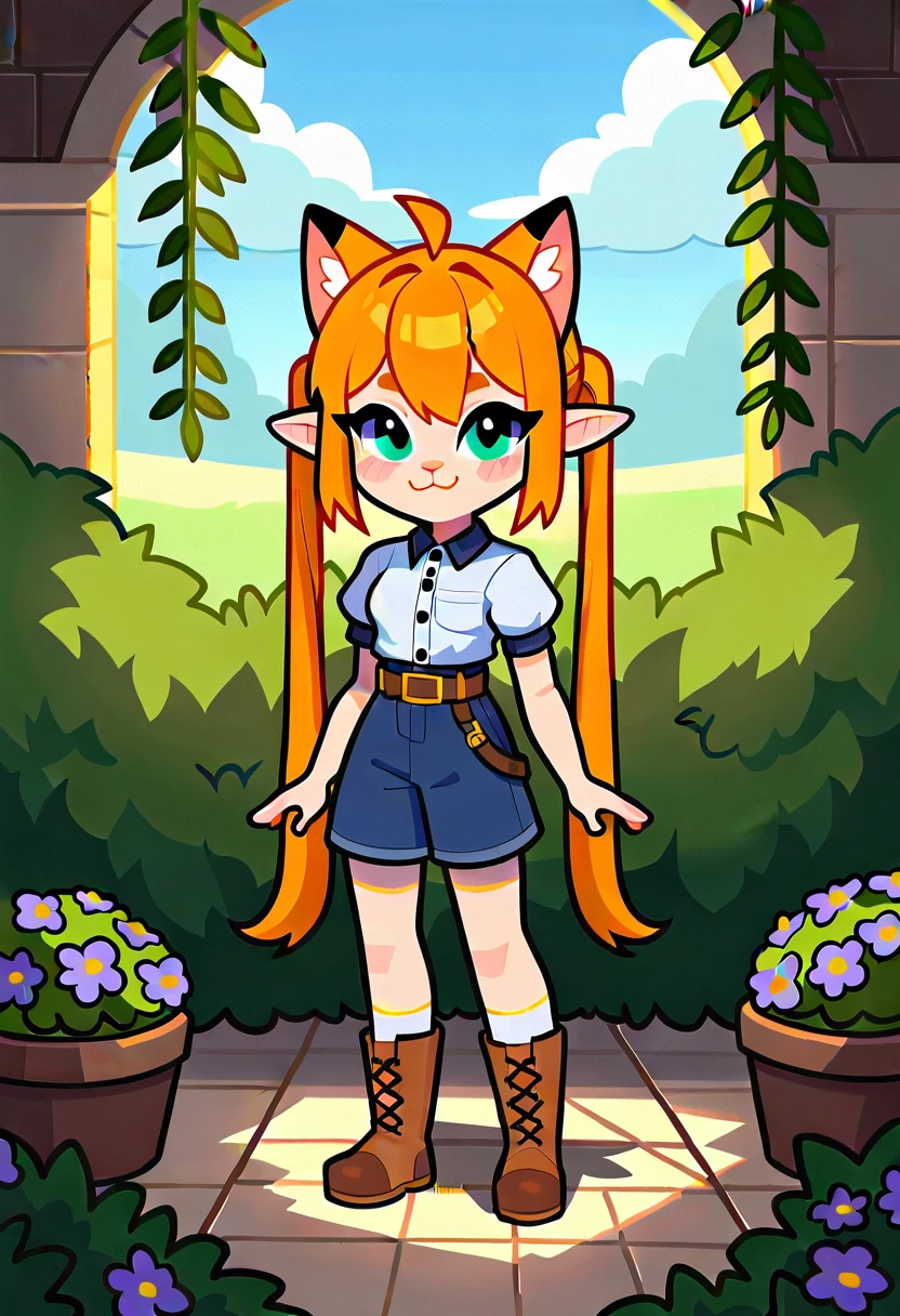 necoarc, freeze, whole body, 1 girl, :3, whole body, chibi,  catboy, standing alone, long hair, pointy ears, twintails, don, waist belt, flowers (plein-air, Garden) , 2d, animated cartoon.