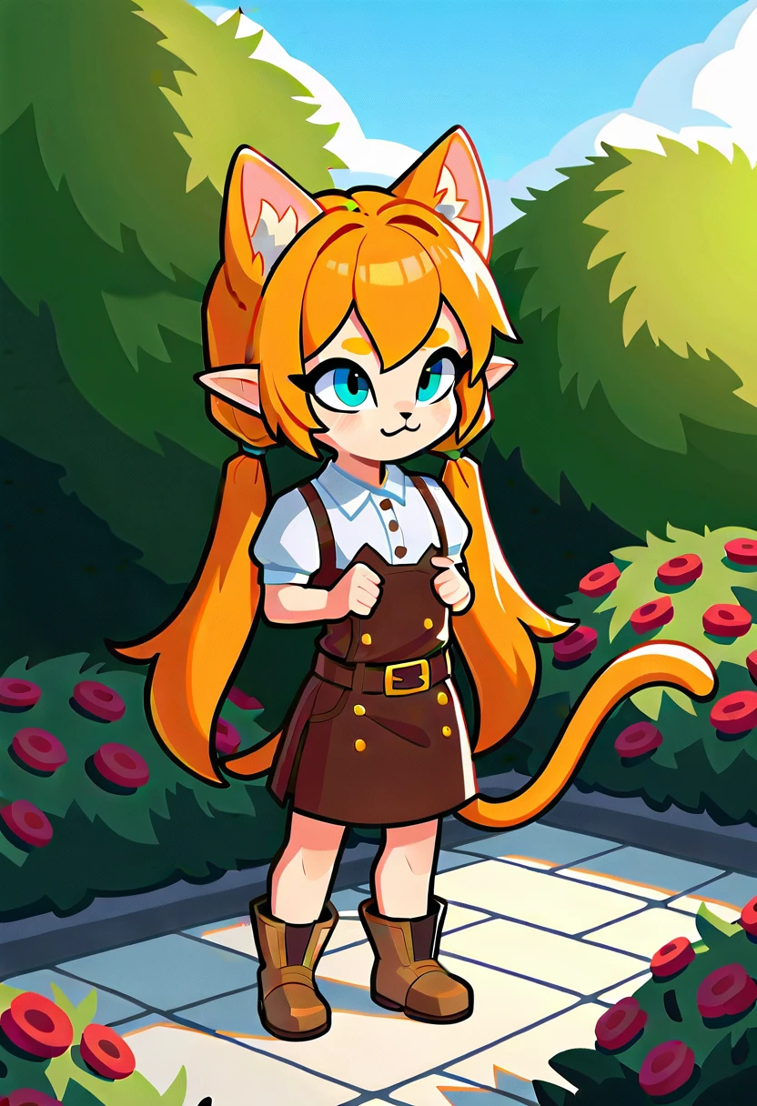 necoarc, freeze, whole body, 1 girl, :3, whole body, chibi,  catboy, standing alone, long hair, pointy ears, twintails, don, waist belt, flowers (plein-air, Garden) , 2d, animated cartoon.