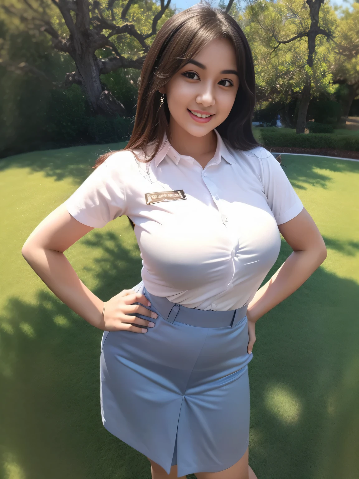 1girl, solo, (uniform), standing, outdoors, (ultra wide angle shot: 1.4), beautiful scenery, detailed face, seductive smile, detailed eyes, thick breasts, smooth skin, tight white shirt, grey blue short skirt, looking at the audience, low angle shot,(8k, RAW photo, best quality, masterpiece: 1.2), (realistic, realistic: 1.37), ultra-high resolution