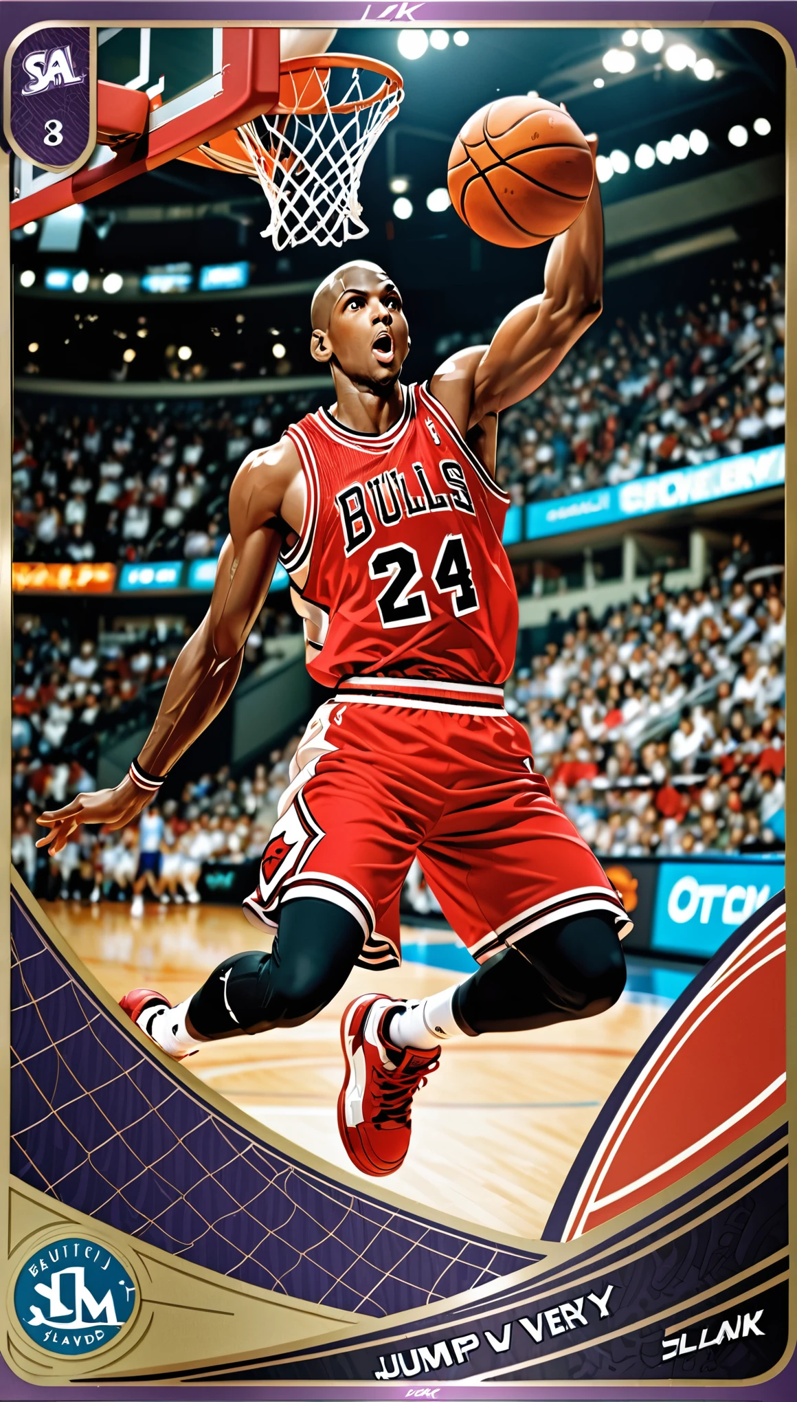 (masterpiece:1.2,Highest quality,Highest quality,High resolution),(Super detailed),(Anime Style),8k,wallpaper,One Man,Black,Basketball Player,Michael Jordan,Detailed face,Sticking out tongue,Chicago Bulls Uniforms,((front)),((Directly above)),((Lean your body back)),(((Jump very high towards the goal:1.6))),((Look up at the ball)),((Slam Dunk:1.6)),(((Dynamic Angles),Basketball Court,(((Background Blur))),(((Upper body close-up))),((From below)),(Basketball Playerトレーディングカード),(((Beautiful trading cards:1.2))),((Special trading cards:1.3)),((Upper Deck inspired design:1.2))