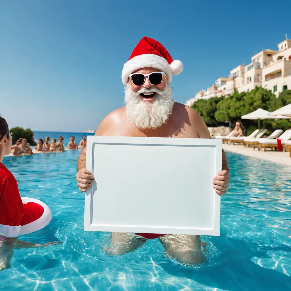 Captures an image from different angles of a swimming pool in which there are white rectangular signs in the water without any text, all posters are the same, In the center of the pool, a fat, smiling Santa Claus bathing in sunglasses floats in the water., very happy and holding a giant blank sign without text in his hands above his head . All the action takes place under a bright sun on a Mediterranean beach with impressive lighting for a perfect shot. Professional photography, 8k, RAW photo, The best quality, masterpiece, photorealistic, Highly detailed, cinematic lighting, sharp focus, réflex digital, high resolution, photorealistic, 