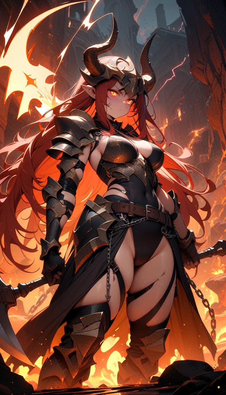 ((best quality)) , ((masterpiece)) , (detailed)，axe, 1girl, female focus, horns, glowing eyes, holding, beard, glowing, solo, weapon, holding axe, facial hair, fire, holding weapon, chain, looking at viewer, long hair, lightning,  red hair, horned helmet, armor, helmet, belt, fake horns, molten rock, feet out of frame, standing, battle axe, electricity