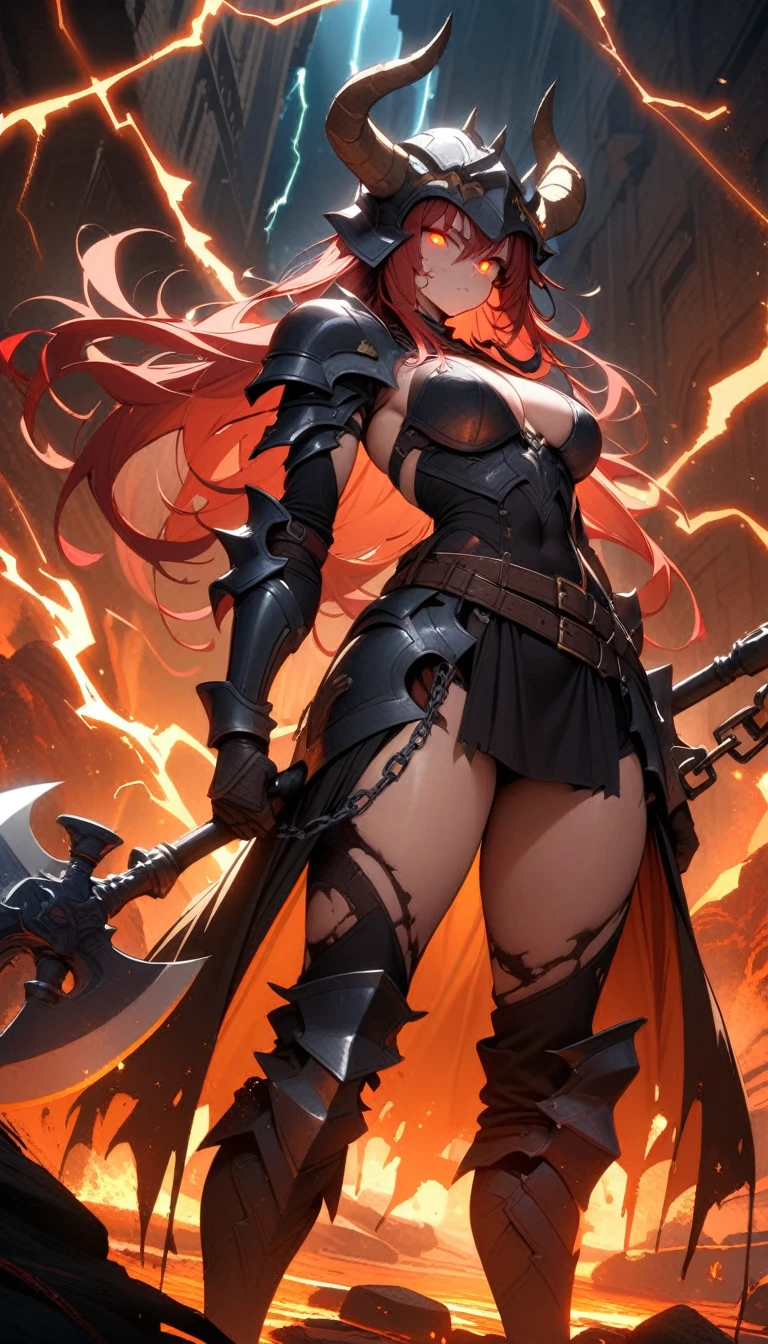 ((best quality)) , ((masterpiece)) , (detailed),axe, 1girl, female focus, horns, glowing eyes, holding, beard, glowing, solo, weapon, holding axe, facial hair, fire, holding weapon, chain, looking at viewer, long hair, lightning, red hair, horned helmet, armor, helmet, belt, fake horns, molten rock, feet out of frame, standing, battle axe, electricity