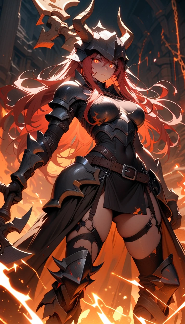 ((best quality)) , ((masterpiece)) , (detailed),axe, 1girl, female focus, horns, glowing eyes, holding, beard, glowing, solo, weapon, holding axe, facial hair, fire, holding weapon, chain, looking at viewer, long hair, lightning, red hair, horned helmet, armor, helmet, belt, fake horns, molten rock, feet out of frame, standing, battle axe, electricity