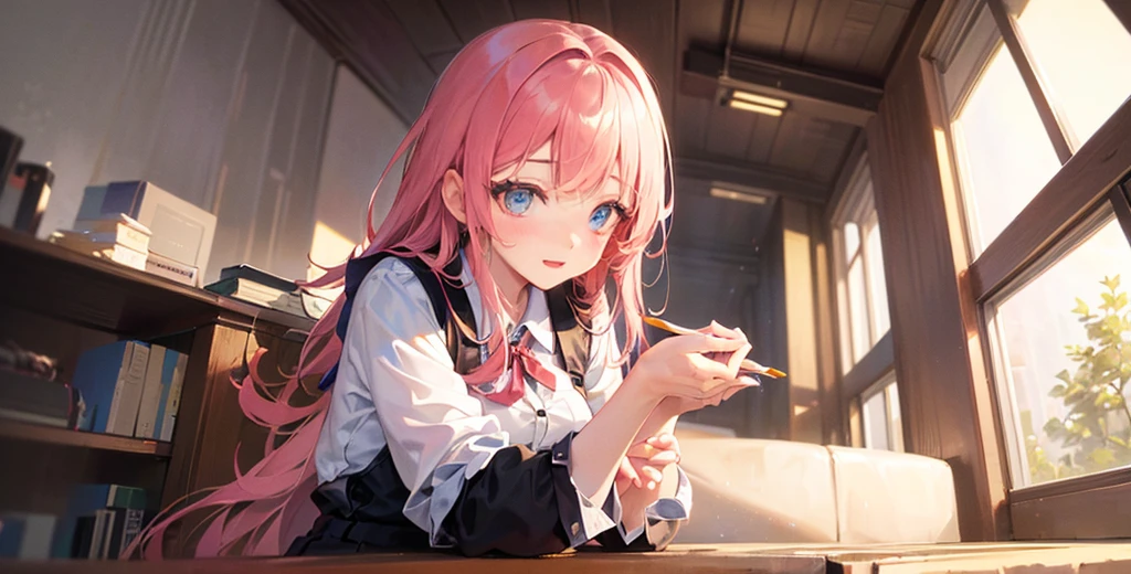 (finely detailed beautiful eyes and detailed face,masterpiece sidelighting,masterpiece,best quality,detailed,high resolution illustration),
(1girl,whole body,bishoujo,lustrous skin,looking down,looking at viewer),
(sky pink hair,Blue eyes,short skirt,ribbon,button shirt)、tits、Beautiful fingers