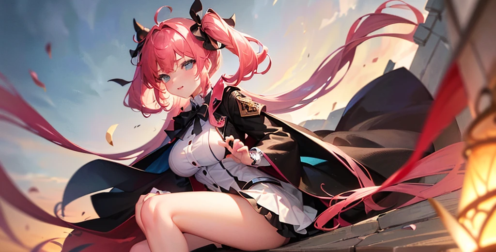 (finely detailed beautiful eyes and detailed face,masterpiece sidelighting,masterpiece,best quality,detailed,high resolution illustration),
(1girl,whole body,bishoujo,lustrous skin,looking down,looking at viewer),
(sky pink hair,Blue eyes,short skirt,ribbon,button shirt)、tits、Beautiful fingers