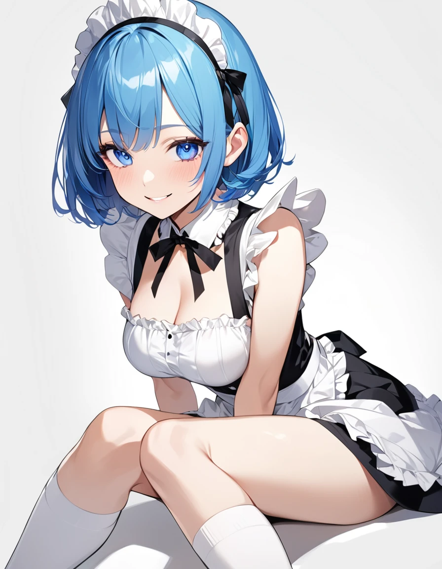 Beautiful girl in maid、(Top quality illustrations:1.2), (pretty girl:1.1), (1 girl、、Top quality illustrations:1.2), (1 girl、smile、Medium chest、Beautiful breasts、Highly detailed eyes:1.2)、Bright blue hair、Short Bob Hair、(Black and white maid costume、White knee-high socks) 、sit、White background、Simple Background