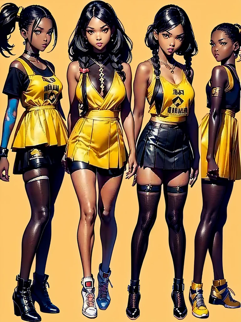 ((best quality)), ((4k)), ((highres)), ((masterpiece:1.2)). ((detailed)), ((ultra realistic)), ((intricate details)), ((full body picture)), ((character design sheet)), ((blank background)), ((standing in a blank background)), full body shot of a beautiful black female, ebony beauty, woman, 18 years old girl, dark brown skin, red lips, about 5'5 ft. tall, red lips, smirk on her face, ((smirking)), long curly black hair, ((long curly hair)), long hair, high pigtails, (((high pigtails)), dressed in a yellow sleeveless babydoll dress, ((EMPHASIS ON HER YELLOW SLEEVELESS BABYDOLL DRESS)), black leather belt on her waist, bare legs, yellow school girl HIGH SOCKS AND school girl BLACK SHOES, fighting game character design, tekken character design, the king of fighters character concept art, character concept art, full body, 18 years old female fighter, girly girl, cute girl, girly fighter character concept art