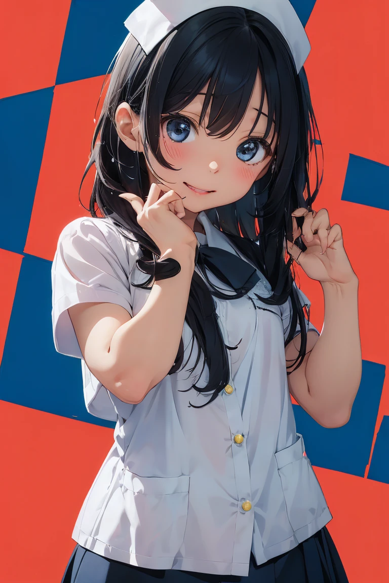 
チャイナドレスにインスパイアされたWhite nurse uniformを着用、Red trim and frog buttons、Cute pose with one hand raised near the face、slightly tilted head、A kind smile、Colorful background with cartoon effect、Cat Pose、Sticking out tongue、Cross-eyed、Ahegao、White nurse uniform