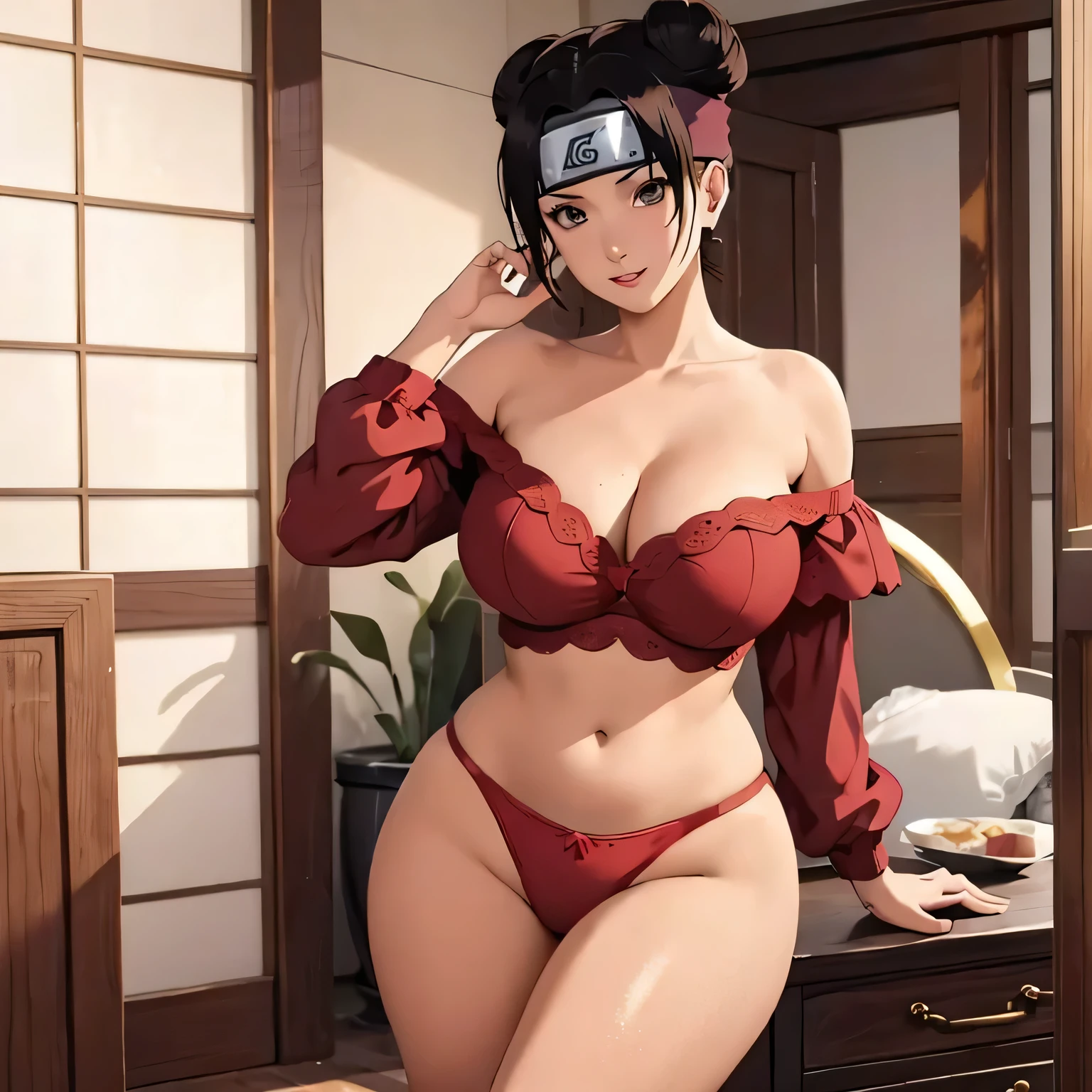 （tmasterpiece），one-girl，(Be red in the face)，Redlip，cleavage，(Off-the-shoulder attire:1.2)，Big breasts, groin, bellybutton, Bust photo，full body, Naruto，Long-lasting forehead protection，white  clothes，transparant panties, looks into camera，sportrait，ssmile，large gate，SakuraNS，4k quality，beautifuquality，detail eyes, The most beautiful face，White skin of th