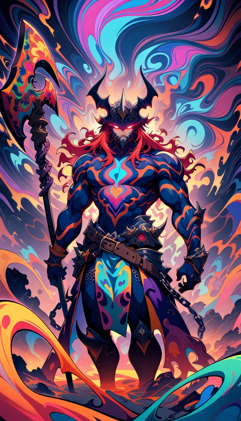 ((best quality)) , ((masterpiece)) , (detailed),axe, 1boy, male focus, horns, glowing eyes, holding, beard, glowing, solo, weapon, holding axe, facial hair, muscular, fire, holding weapon, chain, looking at viewer, long hair, lightning, muscular male, red hair, horned helmet, armor, helmet, belt, fake horns, molten rock, feet out of frame, standing, battle axe, electricity,(((psychedelic style . vibrant colors, swirling patterns, abstract forms, surreal, trippy)))
