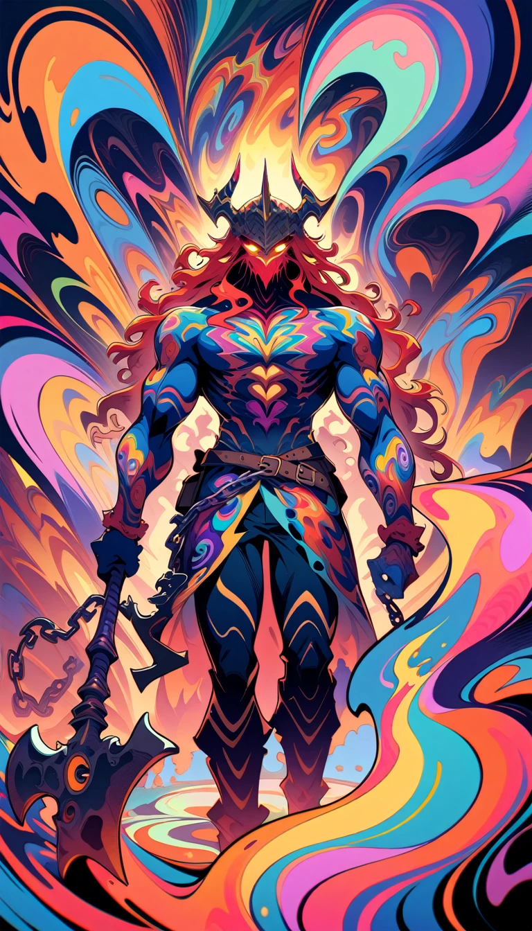((best quality)) , ((masterpiece)) , (detailed)，axe, 1boy, male focus, horns, glowing eyes, holding, beard, glowing, solo, weapon, holding axe, facial hair, muscular, fire, holding weapon, chain, looking at viewer, long hair, lightning, muscular male, red hair, horned helmet, armor, helmet, belt, fake horns, molten rock, feet out of frame, standing, battle axe, electricity,(((psychedelic style . vibrant colors, swirling patterns, abstract forms, surreal, trippy)))