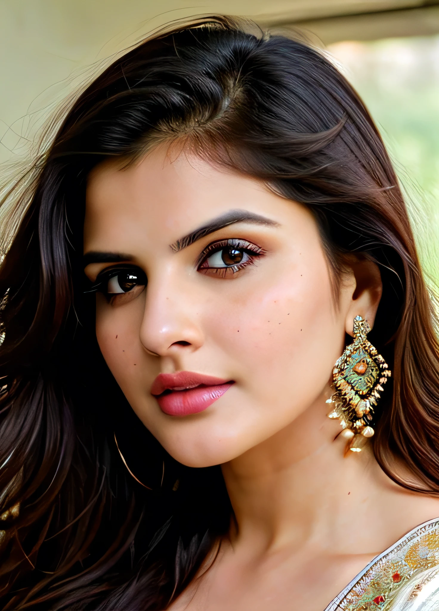 Close up of indian actress zareen khan, hyper detailed face,very light freckles, front profile, plus size, curvy, western clothes and look