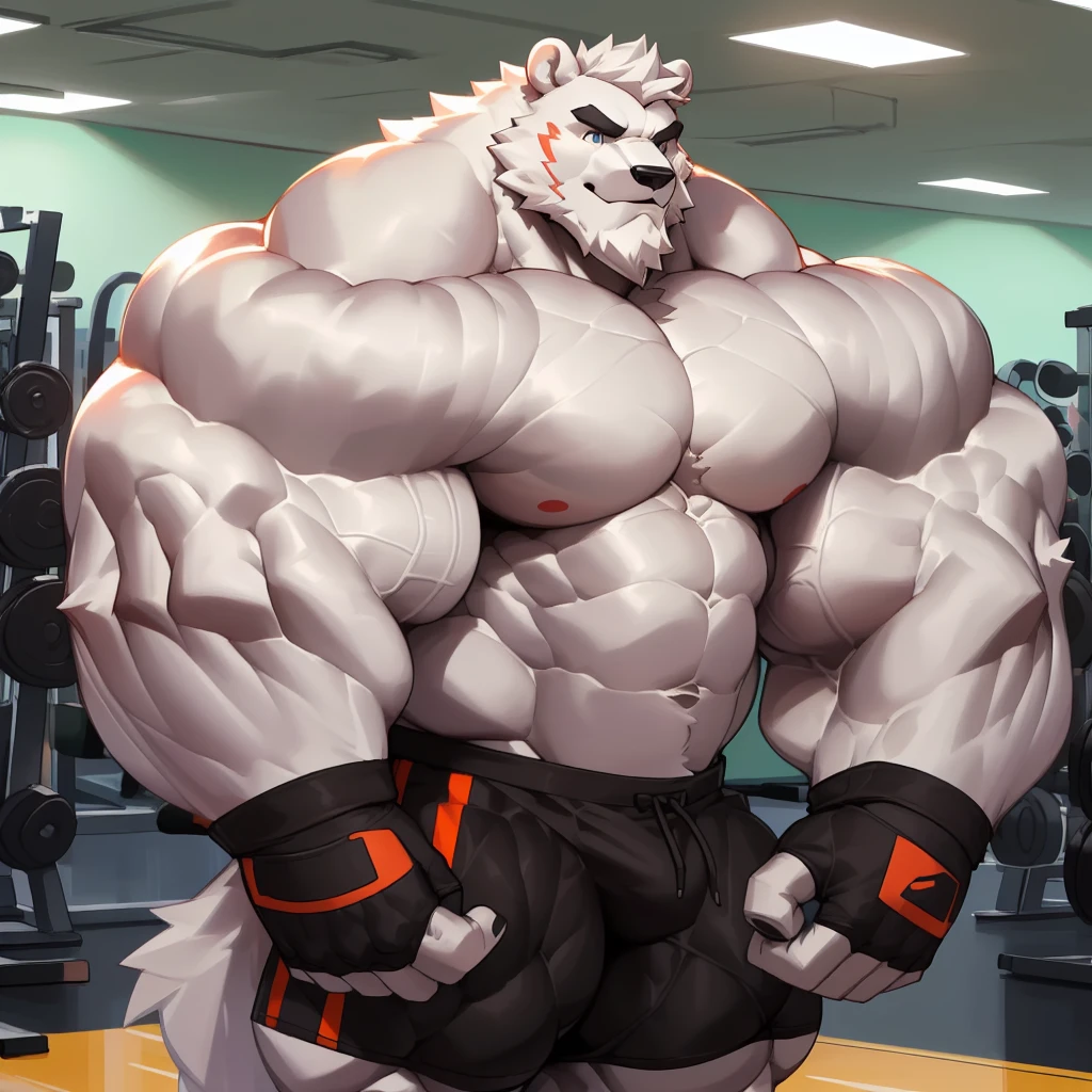 solo, 1boy, Huge Muscular White Polar Bear, huge white fur, pectoral, huge pectoral, wide pectoral, short white hair, ((really big muscle, massive muscular, sixpack, thick arms, wide pectoral, super huge muscle, hyper muscular, over sized muscle, huge arms, big arms, huge pectoral)), black gym short pants, black wristbands, fingerless gloves and shirtless and topless, white bearded, white Mustache, white fur, black eyebrows, gym fitness center background, masterpiece, high detailed, 8k, high resolution, at the gym, flexes huge body