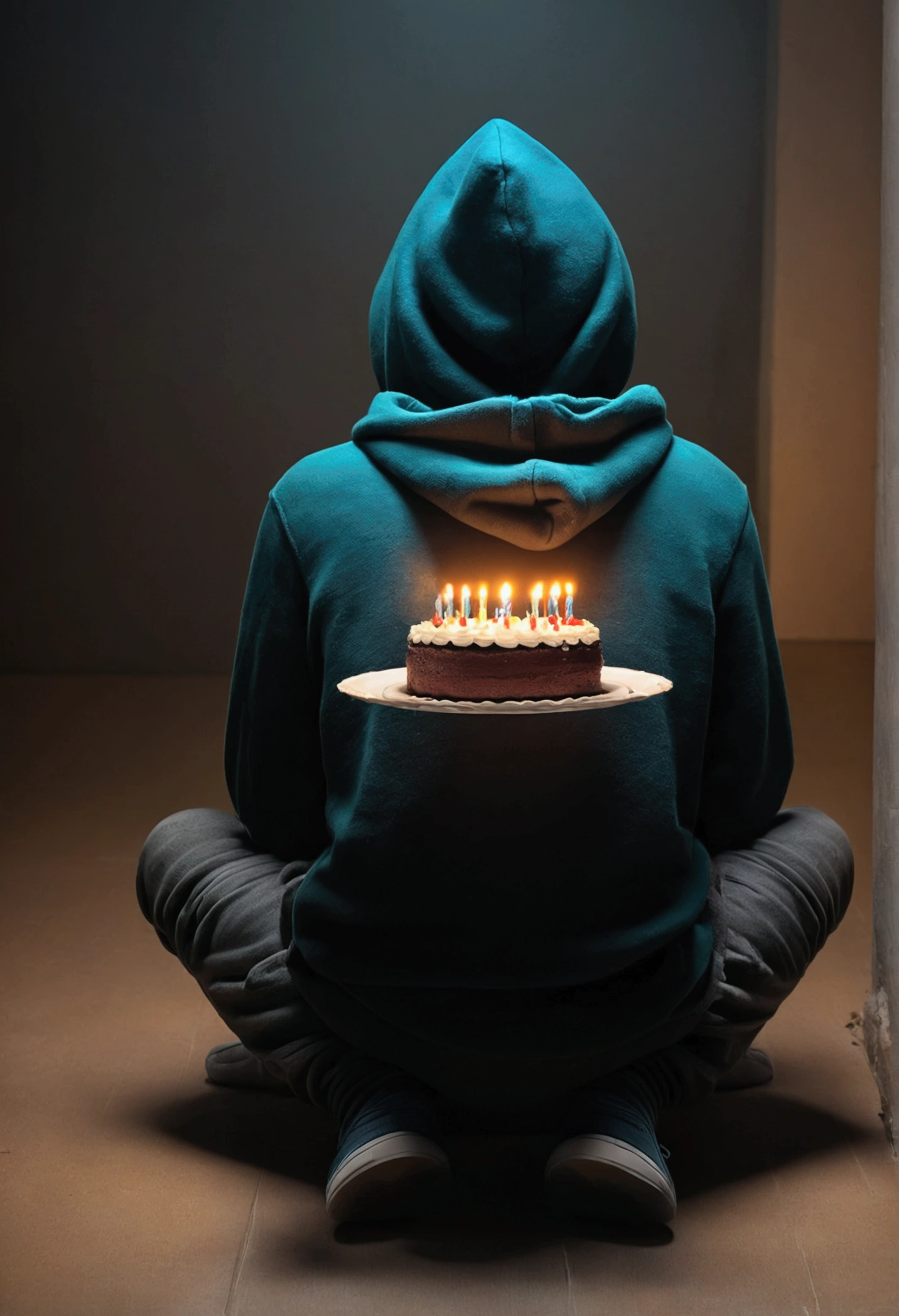 Alone on birthday, sad boy sitting, with one cake, one candle on the cake, back side camera, boy with hoodie sweater, no face showing, screen text design alone on birthday, human version edited