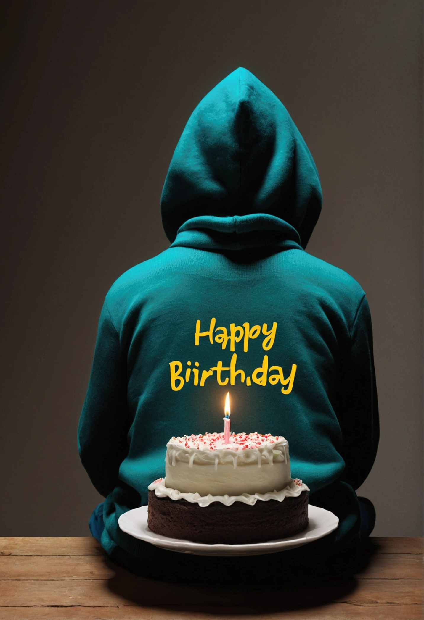 Alone on birthday, sad boy sitting,  with one cake, one candle on the cake, back side camera, boy with hoodie sweater, no face showing, screen text design alone on birthday, human version edited