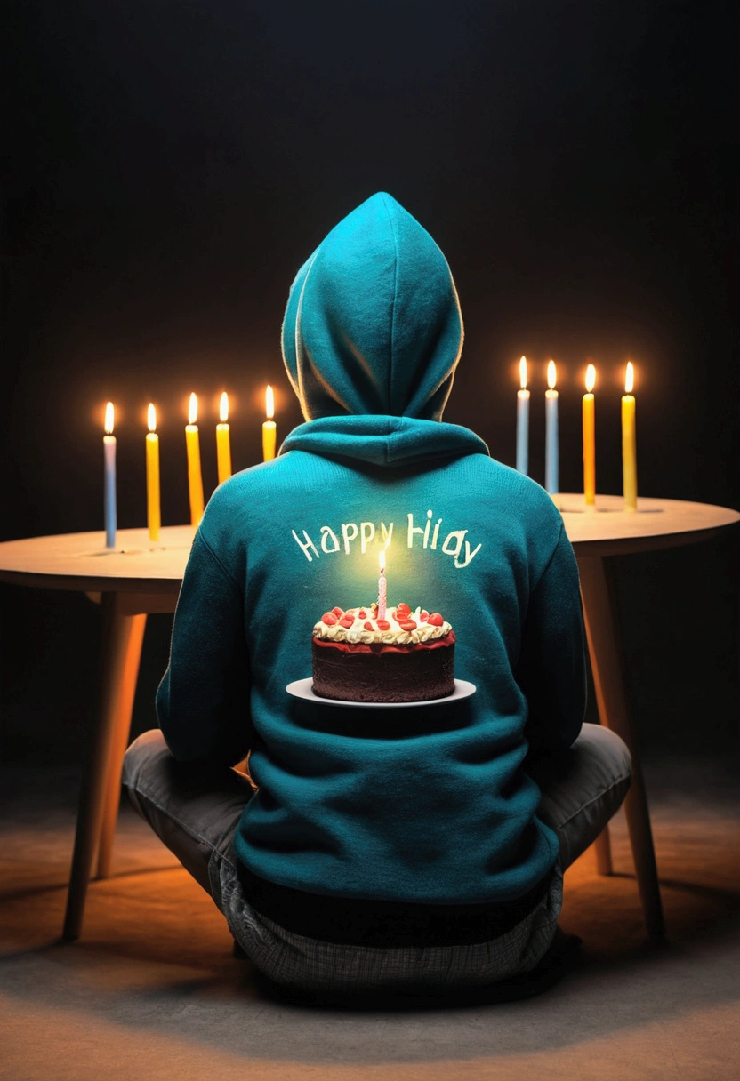Alone on birthday, sad boy sitting,  with one cake, one candle on the cake, back side camera, boy with hoodie sweater, no face showing, screen text design alone on birthday, human version edited