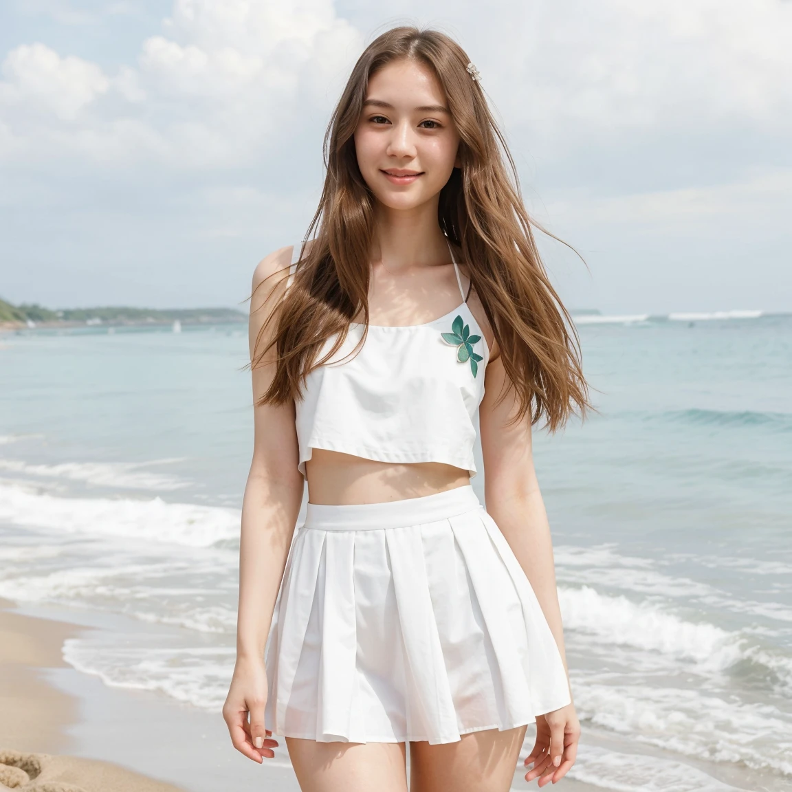 A beautiful 25-year-old Japanese white girl, with long hair, a thin figure, wearing a short white skirt and a top, dress is little transparent, on the beach, standing ((best quality)), ((masterpiece)), (detailed), perfect face, capture to thighs, slightly smiling