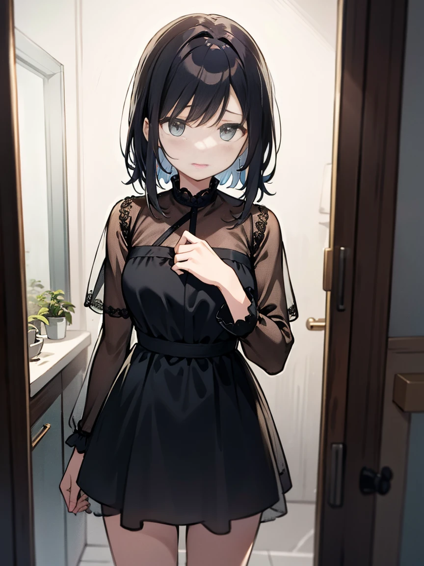 Beautiful woman、28age、Draw a scene of Misaki standing in front of the bathroom mirror.。Misaki is wearing a transparent black dress with a light mist-like texture.。The dress symbolized her loneliness.、It gives a heavy yet ephemeral feeling.。Her expression is sad and introspective.、I'm looking at myself in the mirror。The background is a simple and contemporary bathroom.、The soft morning light shines in、There's a little bit of steam。The cityscape is faintly reflected in the mirror.。、In a completely different expression。
