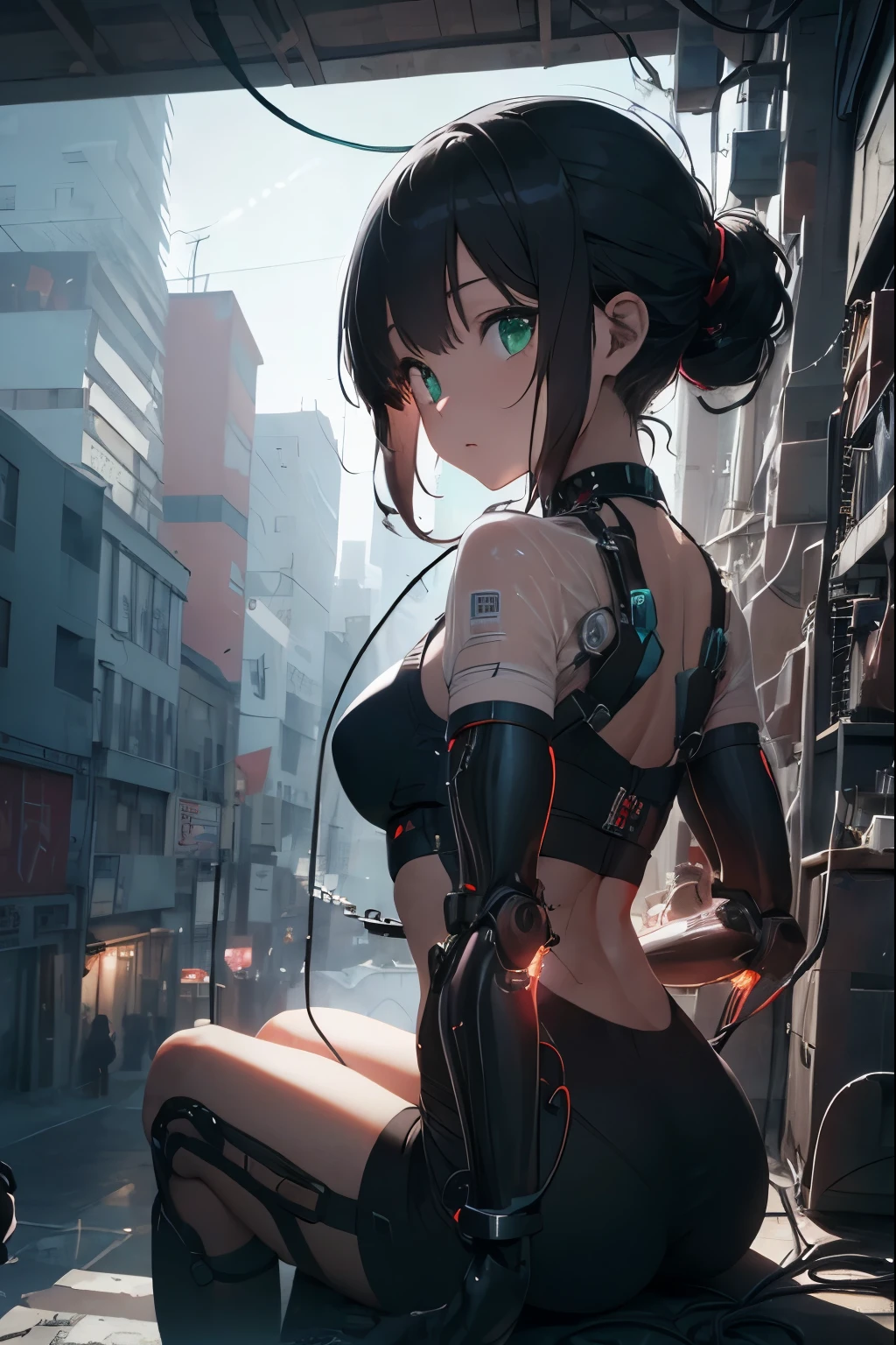 The highest image quality、Exceptional detail、超A high resolution、(真实感:1.4)、The best illustrations、Favor the details、Highly condensed 1girl、delicate and beautiful face、Dressed in black and red mechs、Colossal tits、Light Brown Fringe Hair、Braided hair、disheveled hair、Wide buttock、(Giant Cyber Robot:1.4)、turn、(The background is the battlefield of a futuristic city:1.4)、(emphasis on the buttocks:1.3)、