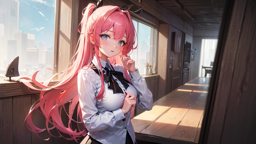 (finely detailed beautiful eyes and detailed face,masterpiece sidelighting,masterpiece,best quality,detailed,high resolution illustration),
(1girl,whole body,bishoujo,lustrous skin,looking down,looking at viewer),
(sky pink hair,Blue eyes,short skirt,ribbon,button shirt)、tits、Beautiful fingers