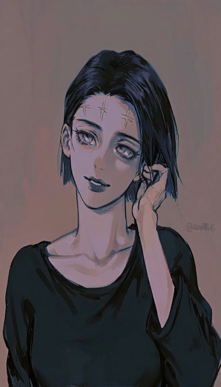 A woman dressed in a medium length medium sleeved shirt, black jeans, floating above the skies of Japan, a stitch mark scars across her forehead, a faint smile as she holds a black hole in her hand, quite feminine and fairly muscular