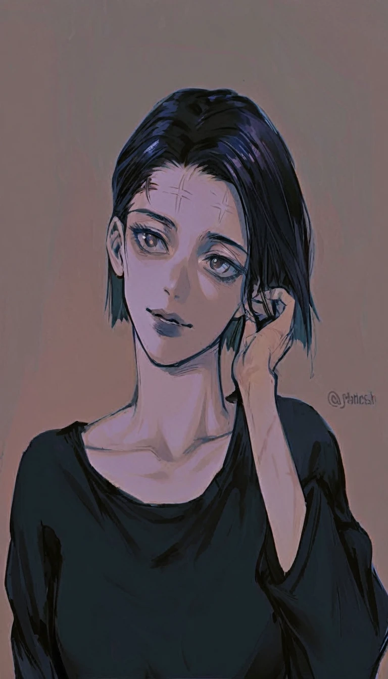 A woman dressed in a medium length medium sleeved shirt, black jeans, floating above the skies of Japan, a stitch mark scars across her forehead, a faint smile as she holds a black hole in her hand, quite feminine and fairly muscular