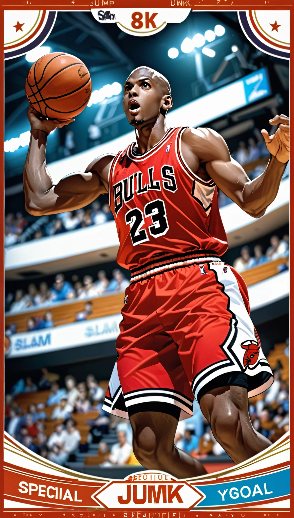 (masterpiece:1.2,Highest quality,Highest quality,High resolution),(Super detailed),(Anime Style),8k,wallpaper,One Man,Black,Basketball Player,Michael Jordan,Detailed face,Sticking out tongue,Chicago Bulls Uniforms,((front)),((Directly above)),((Lean your body back)),(((Jump very high towards the goal:1.6))),((Look up at the ball)),((Slam Dunk:1.6)),(((Dynamic Angles),Basketball Court,(((Background Blur))),(((Upper body close-up))),((From below)),(Basketball Playerトレーディングカード),(((Beautiful trading cards:1.2))),((Special trading cards:1.3)),((Upper Deck inspired design:1.2))
