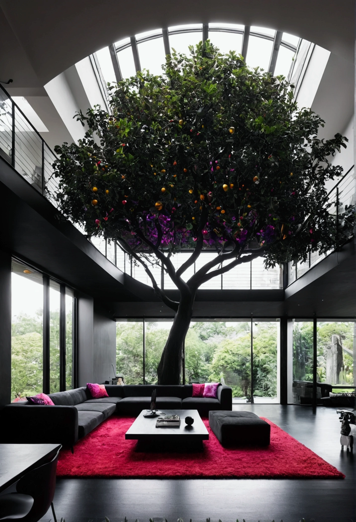 black mode architecture; interior big house; indoor tree