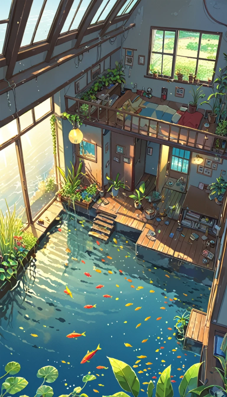 ((anime:1.4,illustration)),(masterpiece, top quality, best quality),(ultra-detailed, absolutely resolution),((16k, high res)). BREAK {lofi art, style of Laurie Greasley, style of Makoto Shinkai, anime aesthetic}, BREAK {A house sunk at the bottom of the sea, a house at the bottom of the sea, red and blue and yellow fish swimming in the house, water plants growing in the house, sunlight reaching the bottom of the water.}