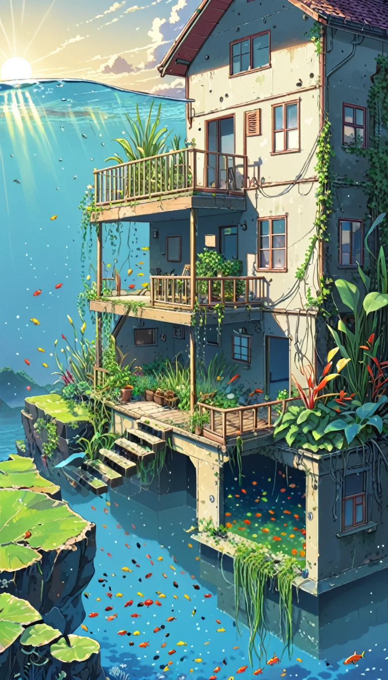 ((anime:1.4,illustration)),(masterpiece, top quality, best quality),(ultra-detailed, absolutely resolution),((16k, high res)). BREAK {lofi art, style of Laurie Greasley, style of Makoto Shinkai, anime aesthetic}, BREAK {A house sunk at the bottom of the sea, a house at the bottom of the sea, red and blue and yellow fish swimming in the house, water plants growing in the house, sunlight reaching the bottom of the water.}