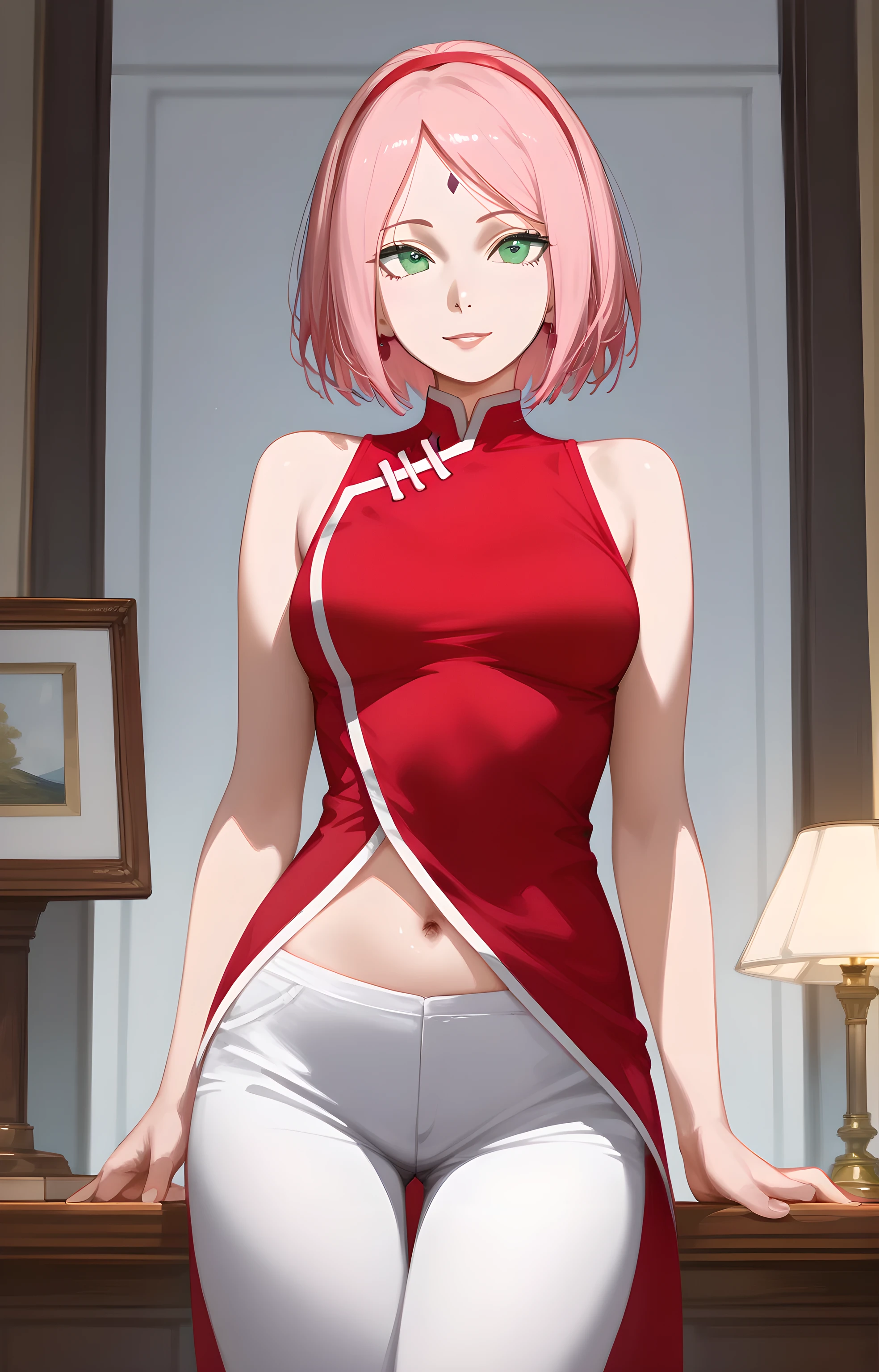 (score_9, score_8_up, score_7_up, score_6_up, score_5_up, score_4_up), masterpiece, best quality, high_resolution, 8k, UHD, 1girl, detailed, extremely detailed, best anatomy, (medium breasts), short hair, pink hair, purple forehead mark, , green eyes, red clothes, sleeveless, navel, white pants, sakura haruno, hairband, mature female, mommy, seductive look, lustful eyes,