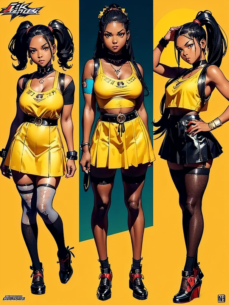 ((masterpiece)),(((best quality))),((character sheet)), ((full body view)) ((black woman)) ((skinhead:1.4)) ((seductive pose)) mature face, defined cheekbones, high cheekbones, illustration, girl, muscular, ((bald:1.4)), sexy bimbo, (gigantic breasts:1.7), ((detailed face:1.4)) beautiful woman, (yellow leotard:1.4), (gold hoop earrings:1.6), (thighhighs:1.4) (yellow lips:1.6) , shiny skin, scribbles and marks,(puffy lips:1.5) , rough sketches, 8k,16k, (simple background, white background: 1.3), yellow and black color palette, brown legs, orange arms, (black skin:1.7)