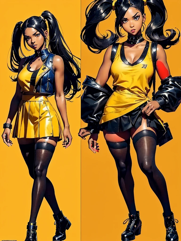 ((best quality)), ((4k)), ((highres)), ((masterpiece:1.2)). ((detailed)), ((ultra realistic)), ((intricate details)), ((full body picture)), ((character design sheet)), ((blank background)), ((standing in a blank background)), full body shot of a beautiful black female, ebony beauty, woman, 18 years old girl, dark brown skin, about 5'5 ft. tall, smirk on her face, ((smirking)), long curly black hair, ((long curly hair)), long hair, high pigtails, (((high pigtails)), dressed in a yellow sleeveless babydoll dress, ((EMPHASIS ON HER YELLOW SLEEVELESS BABYDOLL DRESS)), black leather belt on her waist, bare legs, yellow school girl HIGH SOCKS AND school girl BLACK SHOES, fighting game character design, tekken character design, the king of fighters character concept art, character concept art, full body, 18 years old female fighter, girly girl, cute girl, girly fighter character concept art