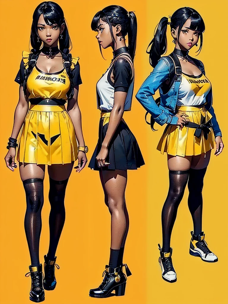 ((best quality)), ((4k)), ((highres)), ((masterpiece:1.2)). ((detailed)), ((ultra realistic)), ((intricate details)), ((full body picture)), ((character design sheet)), ((blank background)), ((standing in a blank background)), full body shot of a beautiful black female, ebony beauty, woman, 18 years old girl, dark brown skin, red lips, about 5'5 ft. tall, red lips, smirk on her face, ((smirking)), long curly black hair, ((long curly hair)), long hair, high pigtails, (((high pigtails)), dressed in a yellow sleeveless babydoll dress, ((EMPHASIS ON HER YELLOW SLEEVELESS BABYDOLL DRESS)), black leather belt on her waist, bare legs, yellow school girl HIGH SOCKS AND school girl BLACK SHOES, fighting game character design, tekken character design, the king of fighters character concept art, character concept art, full body, 18 years old female fighter, girly girl, cute girl, girly fighter character concept art