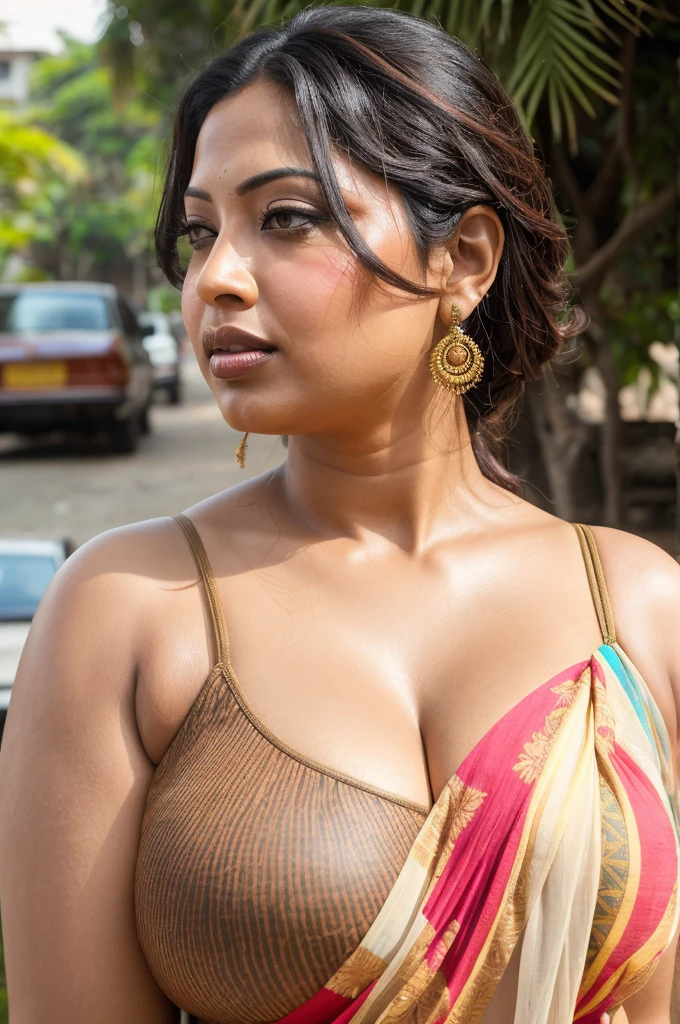 A photorealistic image of a black haired 40 years old Indian woman like Munmun Dutta, curvy figure, her skin is a light brown tan, big breasts, she is in a busy Indian colony, Shot from a close-up angle to capture the sense of texture and vibrancy,