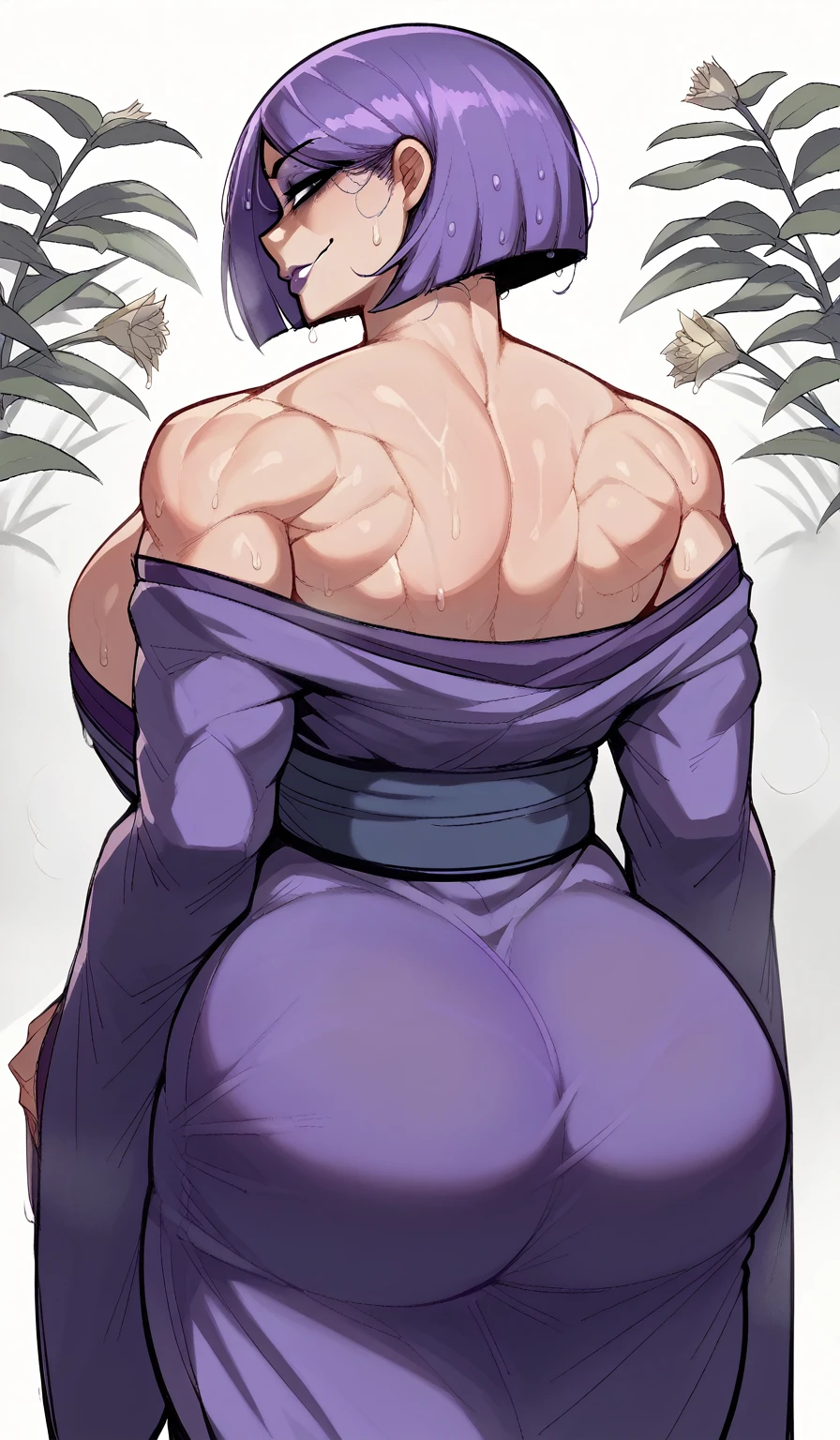 score_9, score_8_up, score_7_up, score_6_up, score_5_up, score_4_up, BREAK 1girl, ((muscular body:1)), intricate, kimono, (eyeliner:1.2), looking at viewer, bob hairstyle, purple hair, detailed background,huge breasts (masterpiece, high quality:1), backshot, looking at viewer, lustful smile, breeding intention, purple lipstick, muscular back, back pose, lily (Duolingo), undressed kimono showing back, dump truck ass, wet, sweating 
