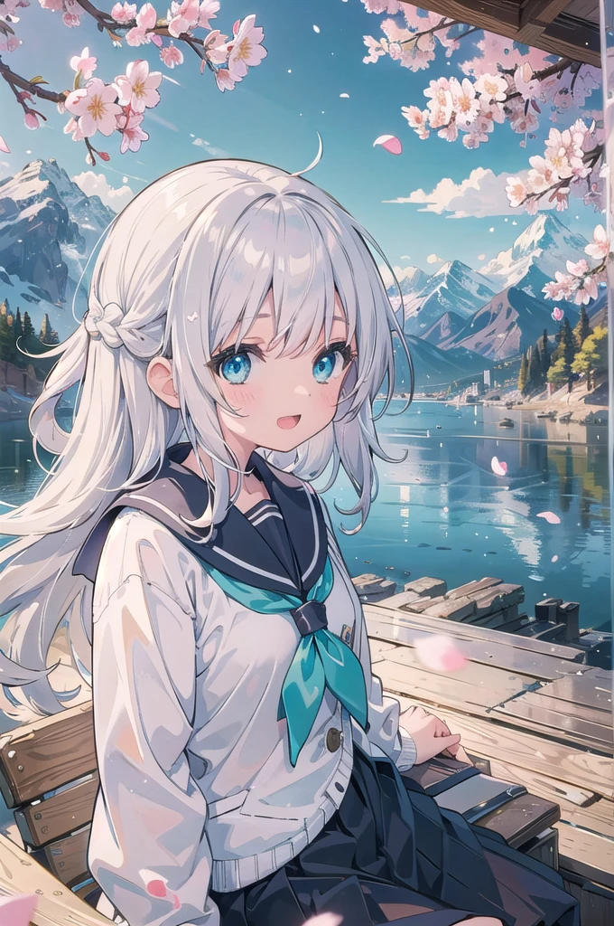 (masterpiece),  scenery,  mountainous horizon,  cherry blossoms,  petals,  light particles,  upper body,  1girl,  sailor,  wavy hair,  floating hair,  smile,  sitting,  open mouth,  light particles,  silver hair,  aqua eyes,  looking at viewer,  face focus