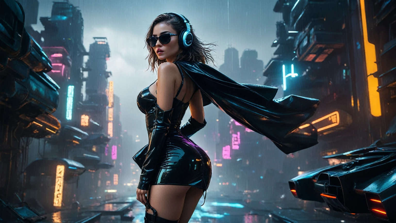 (aerial view, a flying cars docking platform, a very dark abandoned futuristic city, neon lights), rainy night. 1girl, solo, alone, large-breast:1.2 slim body, cleavage:1.1, sexy wind blowing wet dress:1.4, (headphone, black sunglasses), (she raised a pistol:1.8 and took aim), dynamic pose, (((half-body thigh level medium shot))), cinematic lighting, lens flare, ray tracing.