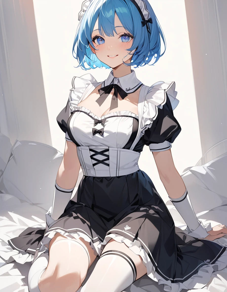 Beautiful girl in maid、(Top quality illustrations:1.2), (pretty girl:1.1), (1 girl、、Top quality illustrations:1.2), (1 girl、smile、Medium chest、Beautiful breasts、Highly detailed eyes:1.2)、Bright blue hair、Short Bob Hair、(Black and white maid costume、White knee-high socks) 、sit、sexy、White background、Simple Background