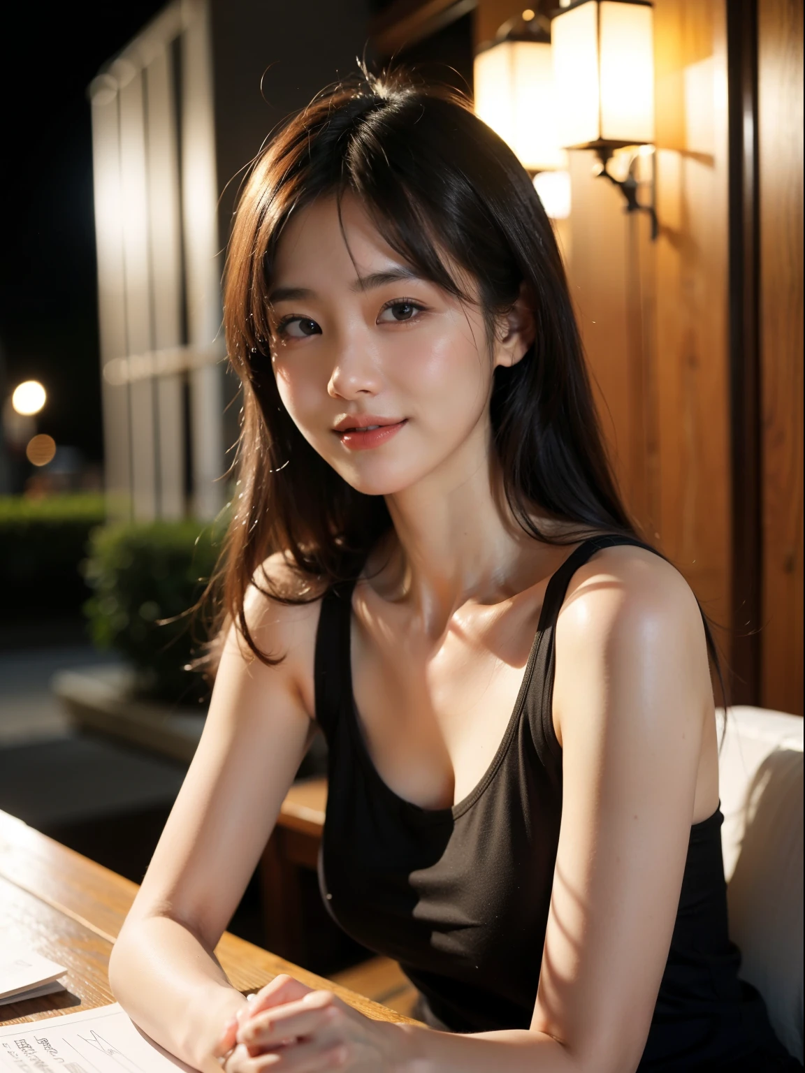(8k, Top quality, Masterpiece:1.2), (Realistic, photo-realistic:1.37), Super detailed, perfect anatomy, small eyes, cute, 18 years old, a Japanese, girl, tank top, half smile, night,