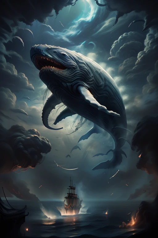 Moby Dick Whale, Sperm Whale,Monster Whale, Pontus
masterpiece,Highest quality,8k,High resolution,
Fantastic,scary,horrific,
Please draw a group of mysterious horrifying giant monster whales flying in the sky, they are attacking Chinese whaling ships. clear sky, whale teeth, ships on fire.