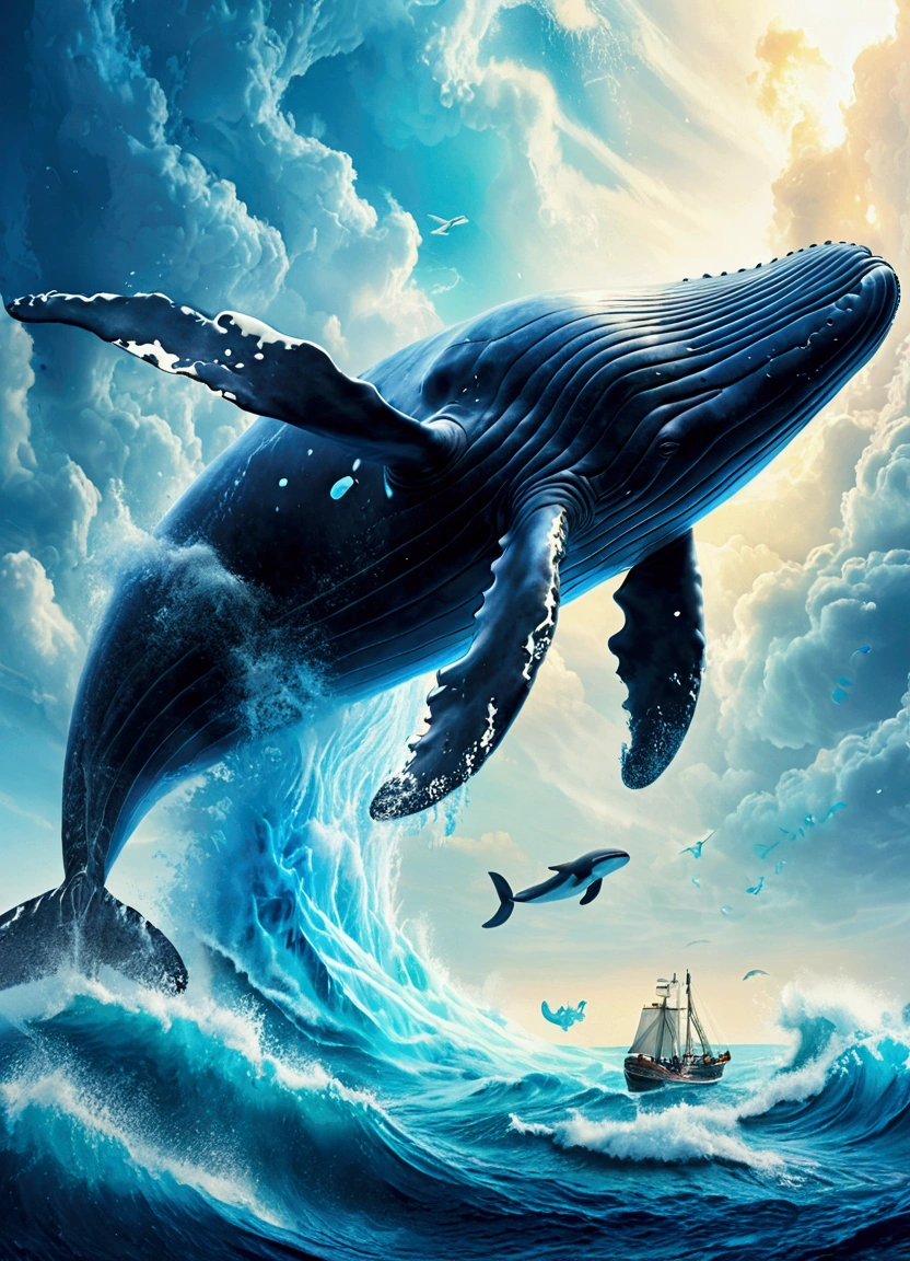 (Flying Whale), reaching the critical point of sky blue shown as sea blue fractal shapes blending together, in Ethereal Watercolor style, with dreamy washes, full body, award-winning, cinematic still, emotional, vignette, dynamic, vivid, (masterpiece, best quality, Professional, perfect composition, very aesthetic, absurdres, ultra-detailed, intricate details:1.3)