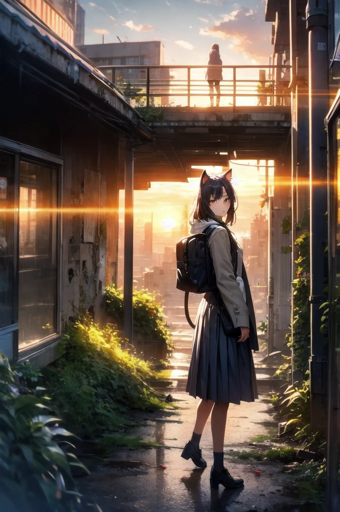 1. **Character**:
- The character is standing with her back to the viewer, facing the sunset.
- She has cat ears, which may suggest she is either a fantasy character or wearing some kind of accessory.
- Her outfit consists of a light brown jacket with dark trim, likely a , and a pleated gray skirt.
- She has a shoulder bag or satchel slung over her right shoulder.
2. **Environment**:
- The setting is an urban area, appearing to be in a state of decay or abandonment.
- Buildings are visible in the background, many of which have visible signs of wear, damage, and overgrowth.
- The foreground has broken or uneven terrain, possibly remnants of collapsed structures or streets.
3. **Lighting and Atmosphere**:
- The scene is bathed in warm, golden light from the setting sun.
- The sun is low on the horizon, casting long shadows and creating a dramatic, melancholic atmosphere.
- The sky is partly cloudy with scattered clouds lit up by the sunset, enhancing the warm tones.
4. **Details**:
- There are some leaves or small debris being carried by the wind, adding a sense of movement and life to the otherwise still scene.
- Vegetation is visible, with some plants growing through the cracks in the broken urban landscape.
- The overall atmosphere is a mix of serene and somber, with the character standing still, perhaps contemplating the scene before her.
5. **Overall Composition**:
- The composition directs the viewer's eye towards the horizon where the sun is setting.
- The character's placement in the foreground adds a personal element to the vast, desolate urban landscape.
- The contrast between the warm light of the sunset and the cool, muted colors of the ruined city creates a striking visual impact.
The image evokes a strong emotional response, blending themes of decay and hope, solitude and contemplation, suggesting a story or journey behind the character and the scene.