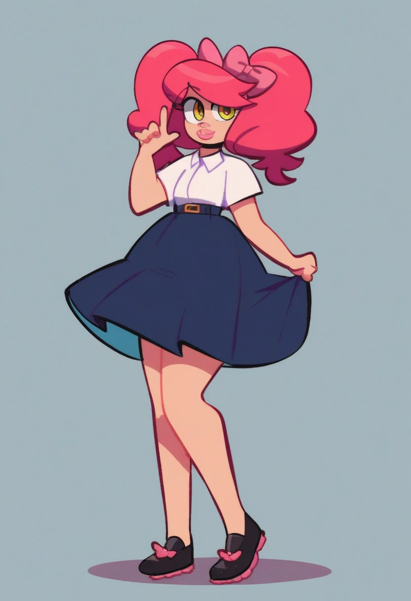 susie_huckerdoo, 1girl, full body, solo, simple background, white shirt with 2 black buttons and a flower-like collar, greenish blue overall-dress with a pink bow around dress, black Mary Jane shoes. light pink hair, pigtails, light yellow eyes, big light pink lips