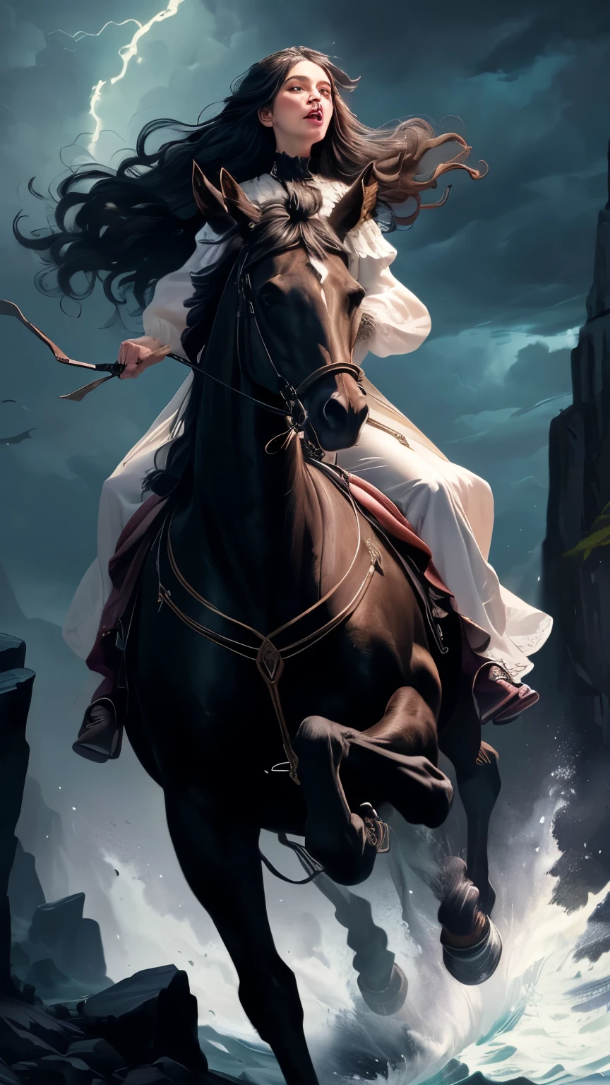 ((best quality)), ((masterpiece)), (detailed), A digital illustration of a  long black haireed woman riding a dark black horse towards a cliff at night with a stormy sky in the background. She is wearing a full sleeves white dress and has a look of fear on her face.