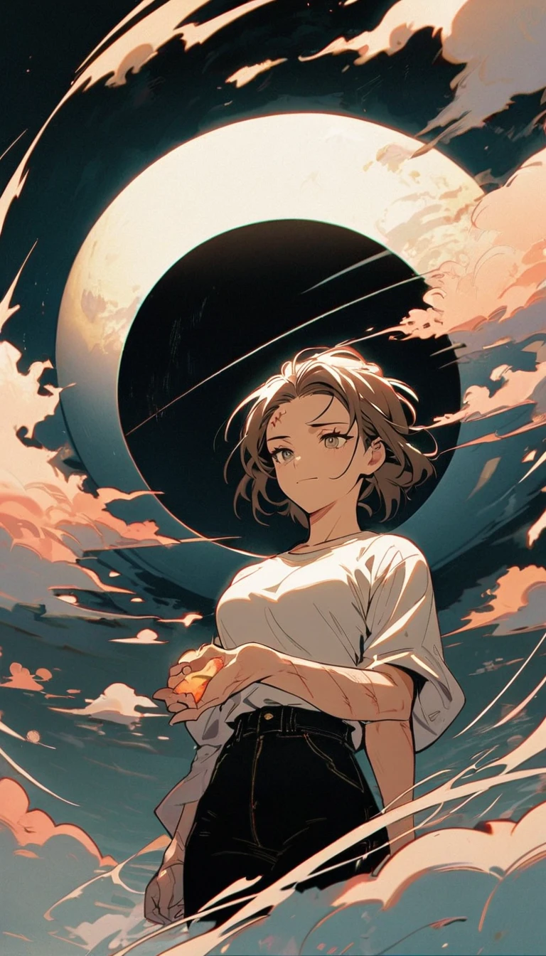 A woman dressed in a medium length medium sleeved shirt, black jeans, floating above the skies of Japan, a stitch mark scars across her forehead, a faint smile as she holds a black hole in her hand, quite feminine and fairly muscular