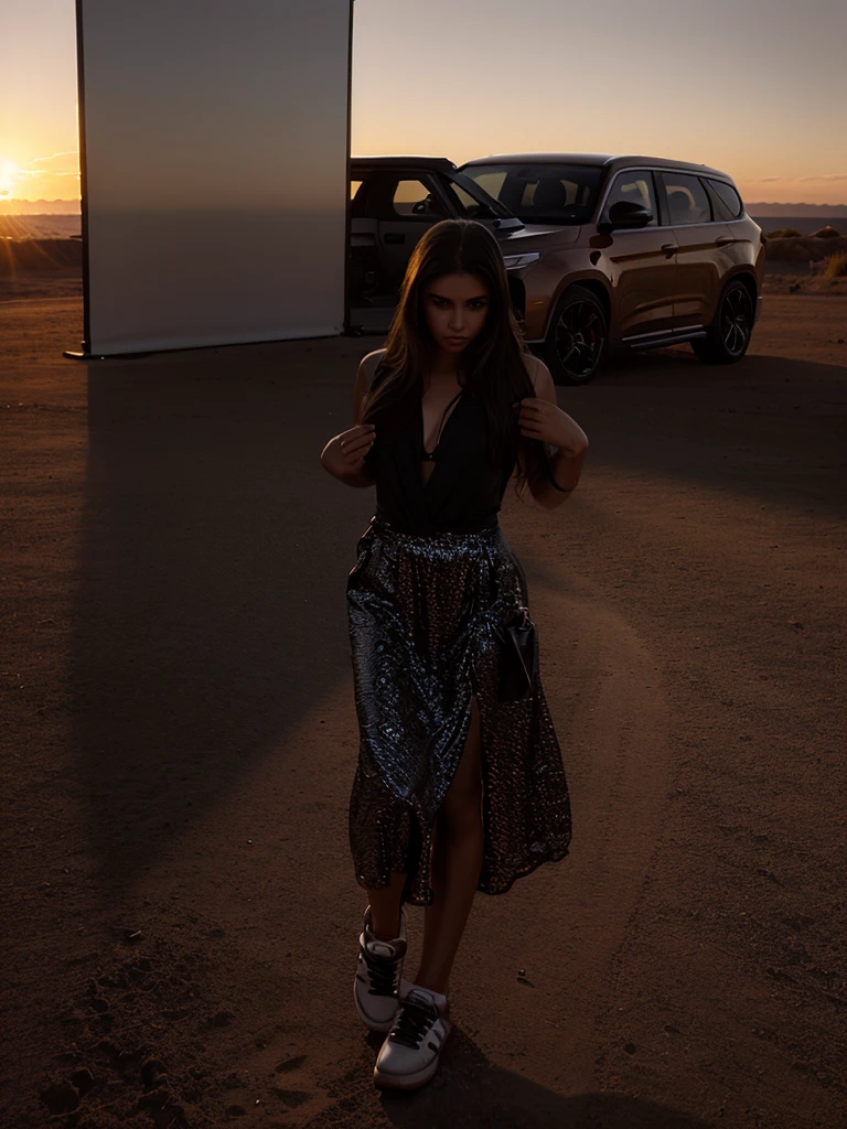 A girl stands against the backdrop of an expensive car and the setting sun, realism, photographic photography, quality 